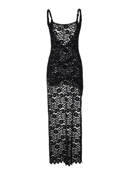 Lace See-through Backless High Slit Long Dress