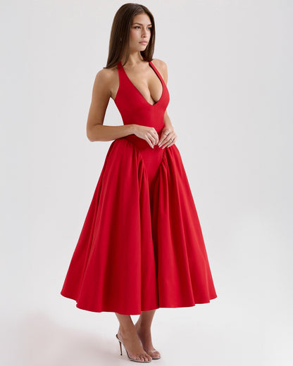 Halter Deep V Drop Waist Gathered Pleated Midi Dress