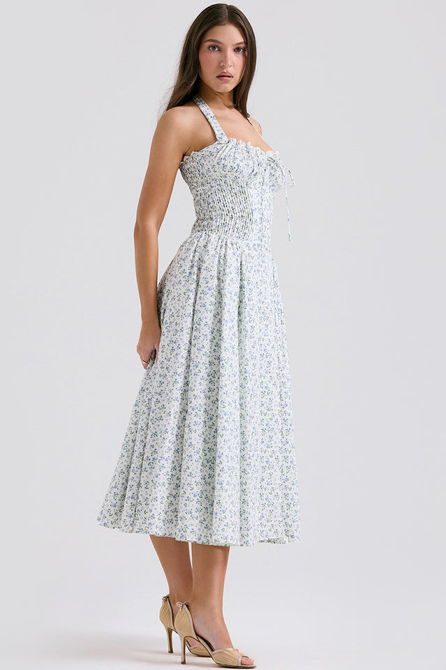 Halter Sweetheart Neck Lace Trim Ditsy Floral Corset Bodice Midi Dress