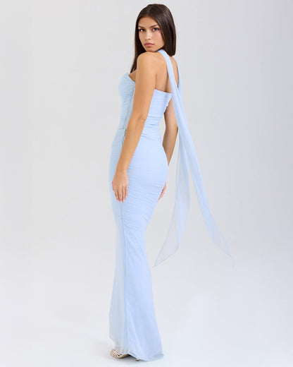 Strapless Corset Sweetheart Ruched Bodice Fabric Choker Bodycon Maxi Dress