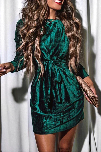 Crew Neck Tie Front Knot Crushed Velvet Long Sleeve Mini Dress