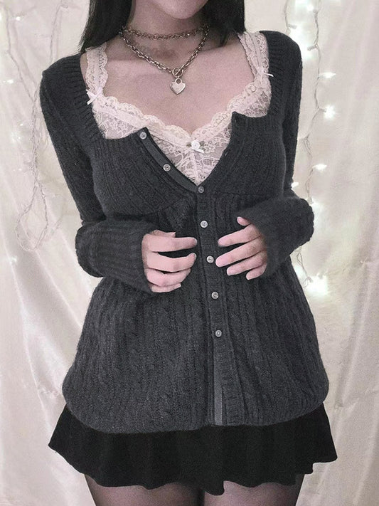 Solid Pointelle Square Neck Knit Cardigan