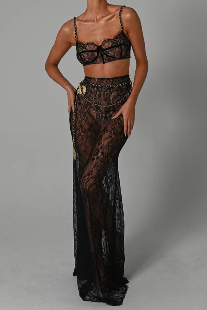 Stylish Lace Camisole Bra Top and Vacation See-through Maxi Fishtail Skirt Set