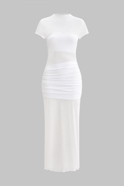Chiffon Ruched Patchwork Short Sleeve Slit Maxi Dress