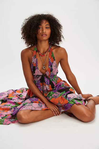 Bayside Floral Print V Neck Cami Chic Boho Dress