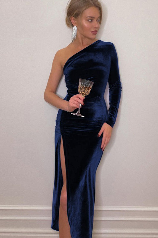 Sexy Velvet Ruched Slit Chic Cocktail Dress