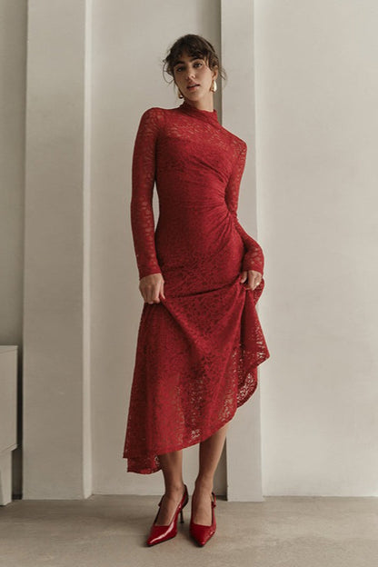 Floral Lace Mock Neck Long Sleeve Ruched Bodycon Maxi Dress