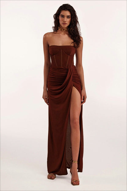 High-End Strapless Backless Ruched Slit Party Dress