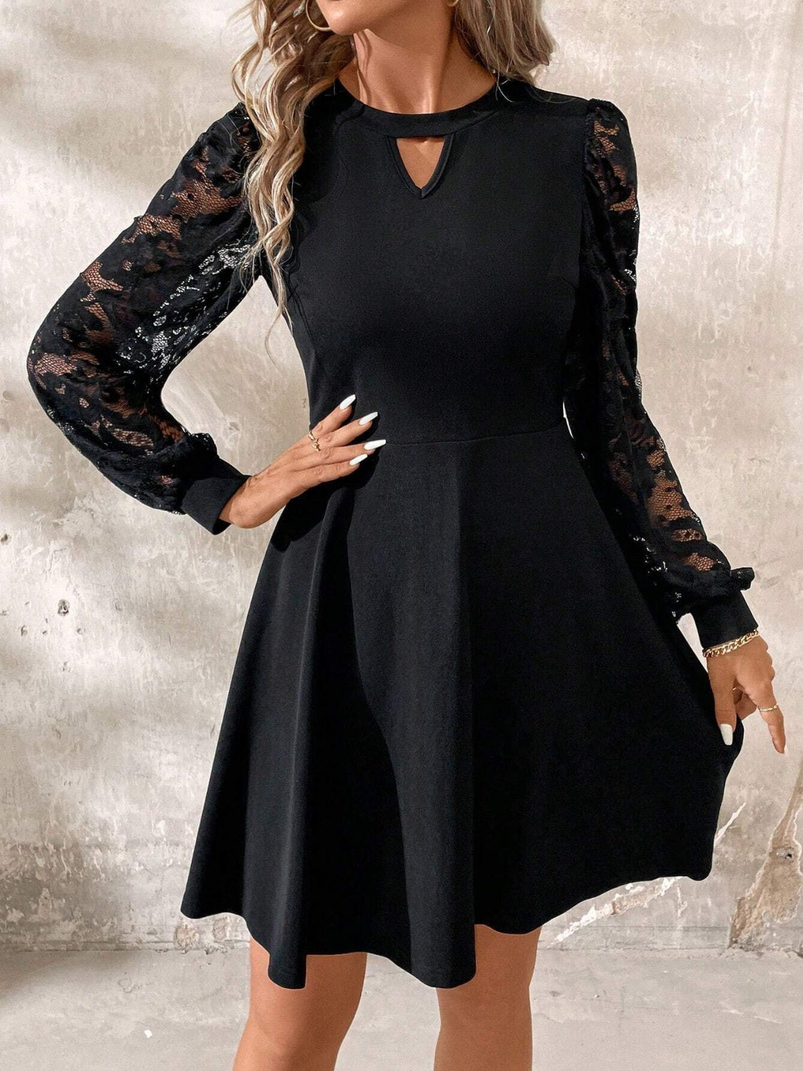 Keyhole Round Neck Floral Lace Bishop Sleeve Fit-and-Flare Mini Dress