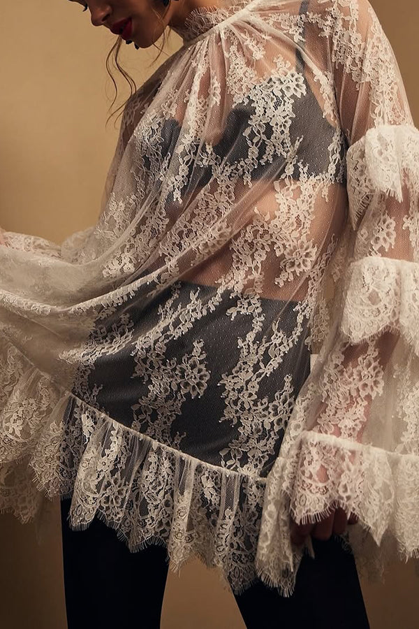 Sexy See-through Lace Loose Long-sleeved Mini Dress