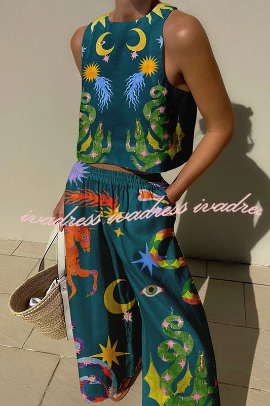 Island Dreaming Linen Blend Unique Print Tank and Elastic Waist Pocketed Pants Set