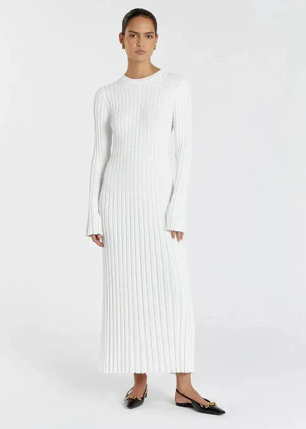 Crew Neck Ribbed Knit Long Sleeve Bodycon Maxi Dress