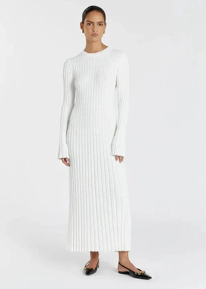 Crew Neck Ribbed Knit Long Sleeve Bodycon Maxi Dress