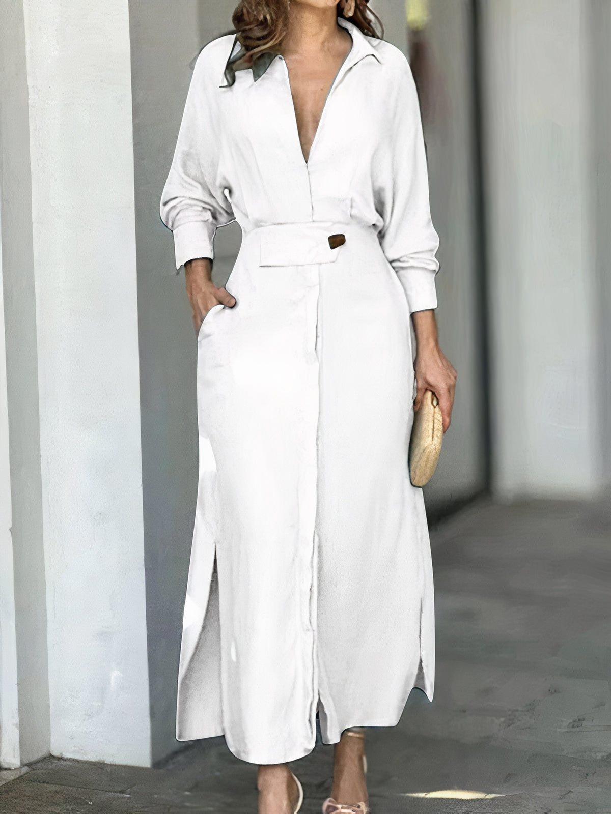 Collared Deep V-Neck Long Sleeve Wide Cuff Waist Tab Maxi Shirt Dress