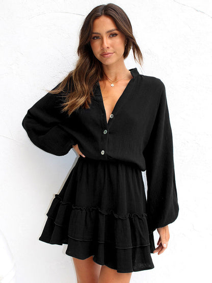 Shirt Dresses Ecru White V-Neck Long Sleeves Layered Mini Dresses