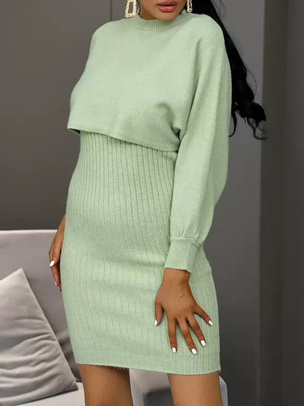 Long Sleeves Solid Color Round-Neck Sweater Top + Inner Dress Two Pieces Set