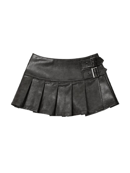 Vintage Buckle Detail Pleated Leather Mini Skirt