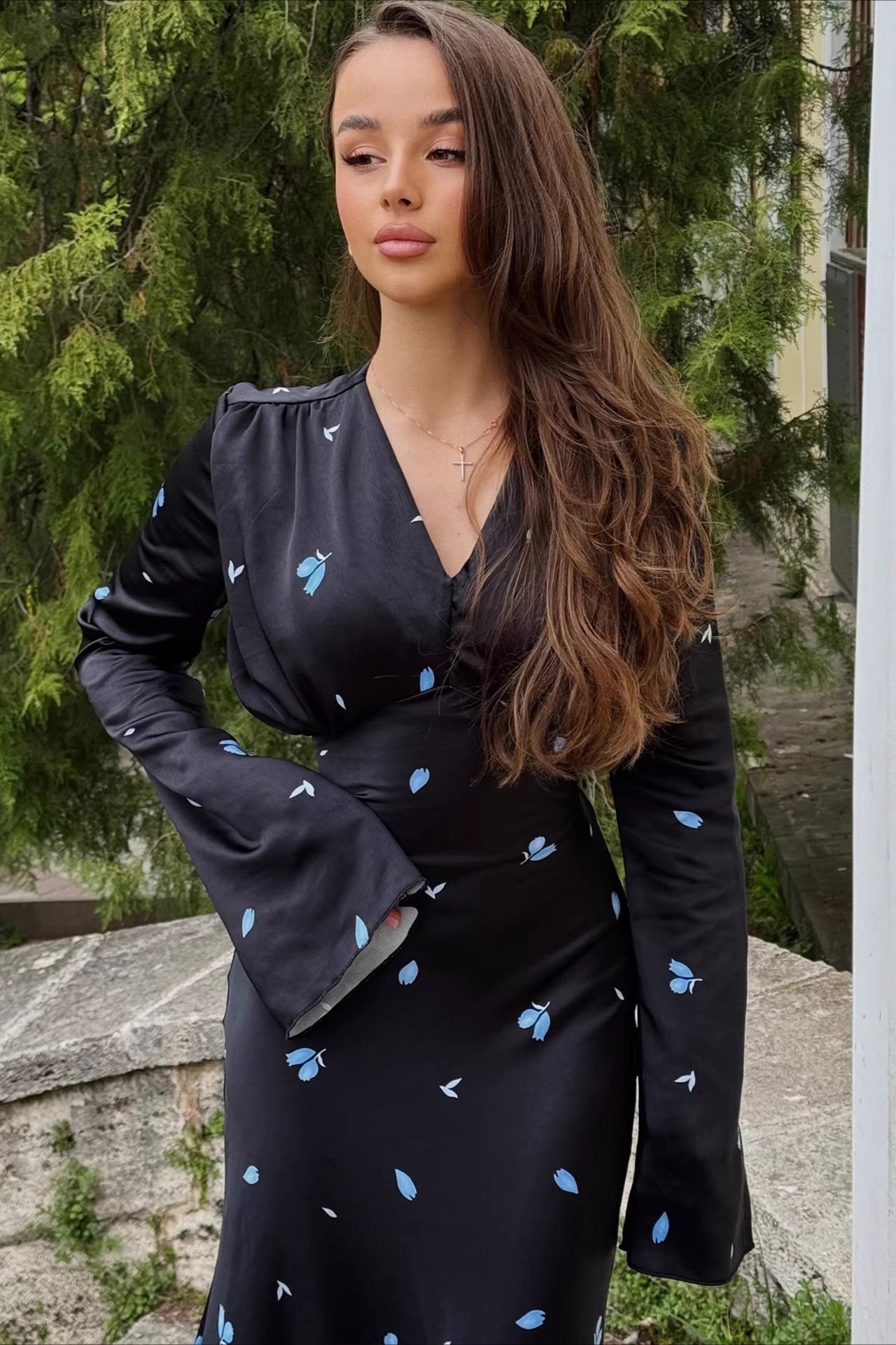 Deep V Neck Bell Sleeve Scattered Floral Satin Maxi Gown