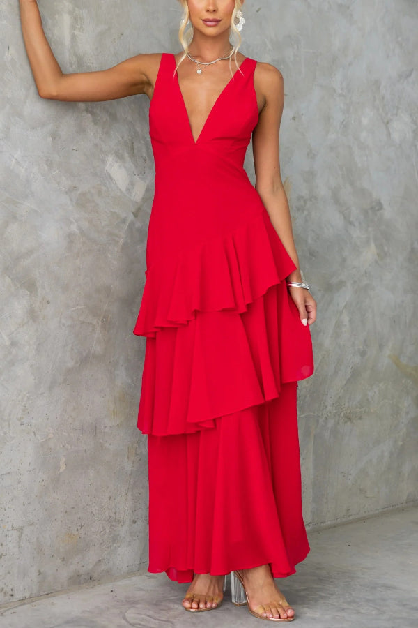Solid Color V-neck Sleeveless Elegant Layered Maxi Dress