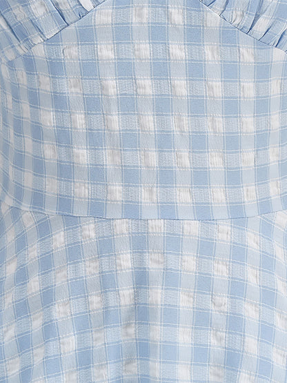Light Sky Blue Dress Plaid Halter Backless Pleated Retro Midi Dress