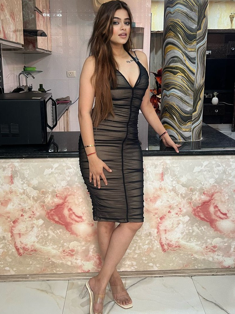 Deep Neck Mesh Backless Midi Dress