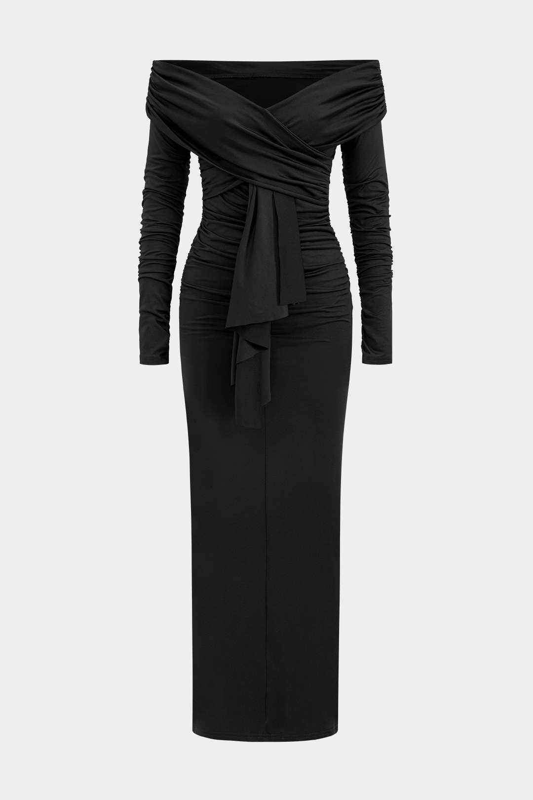 Off Shoulder Wrap Sweetheart Long Sleeve Center Drape Ruched Maxi Dress