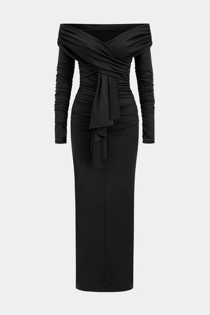 Off Shoulder Wrap Sweetheart Long Sleeve Center Drape Ruched Maxi Dress