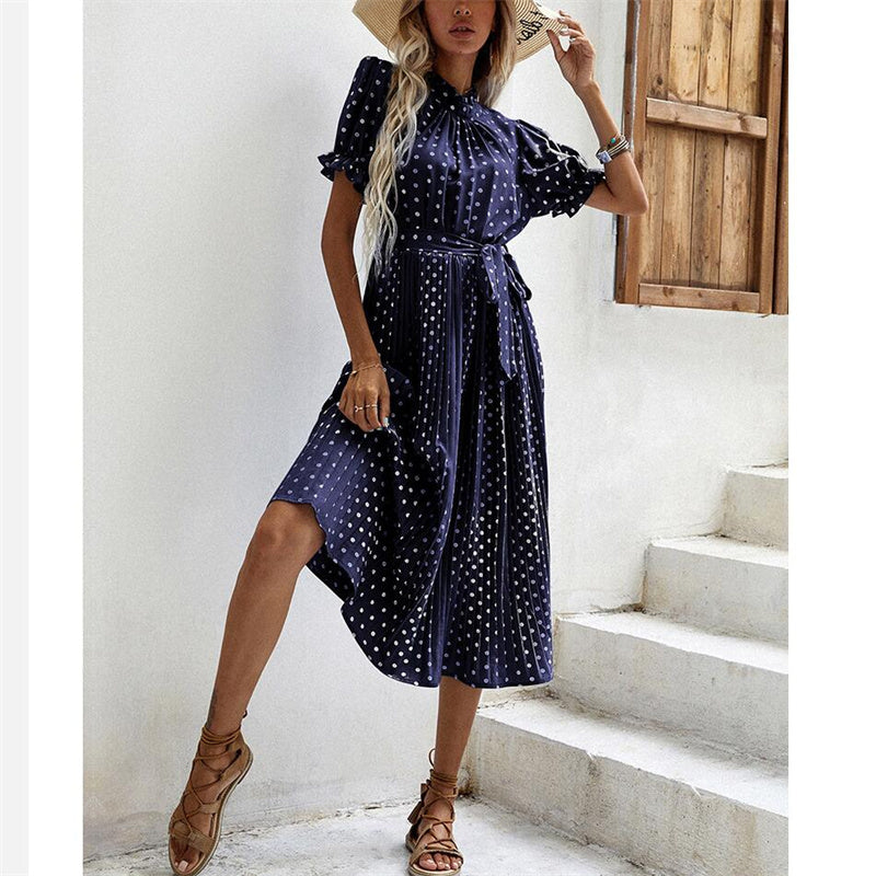 Polka Dot Round Neck Pleated Midi Dress in Multiple Colors