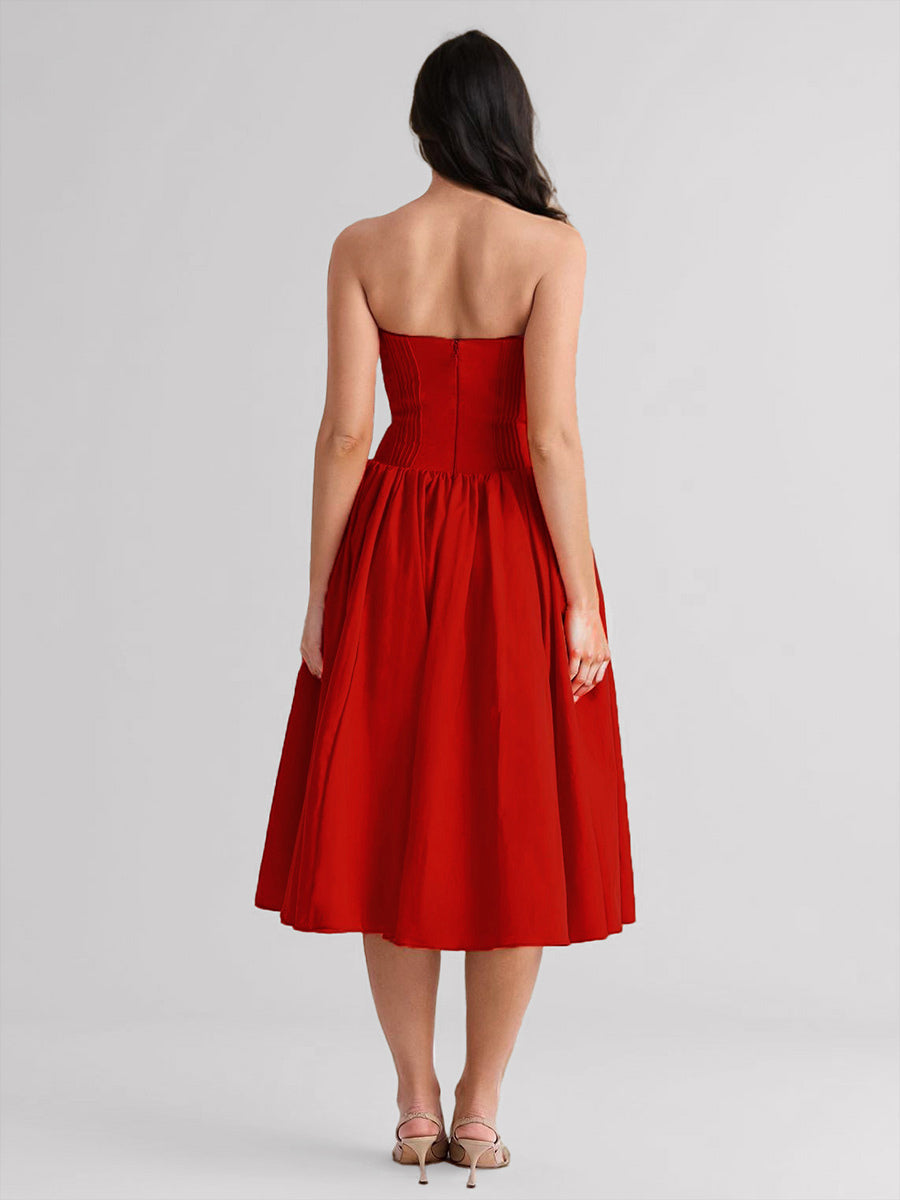 Red Party Dress Strapless Backless Retro Elegant Midi Dress