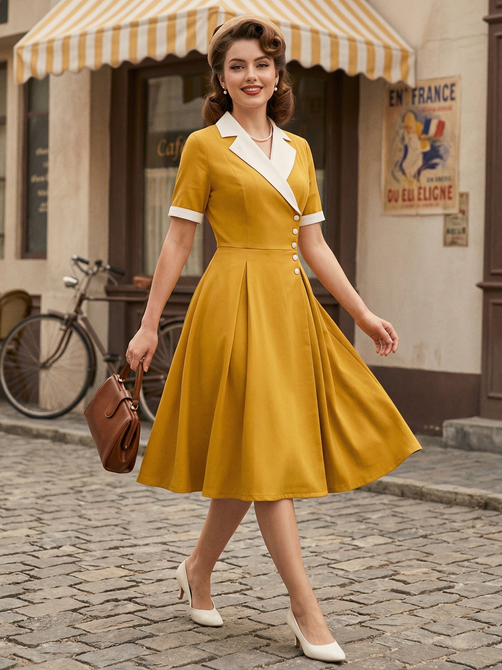Retro Lapel Side Button Slim Fit Flare A Line Elegant Midi Dress For Women 2026