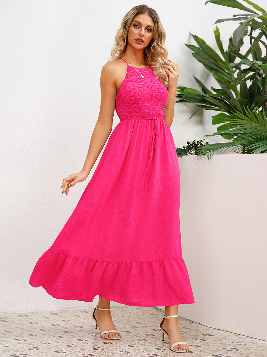 Party Dress Halter Open Back Pleated Front Belted Tiered Midi Dresses