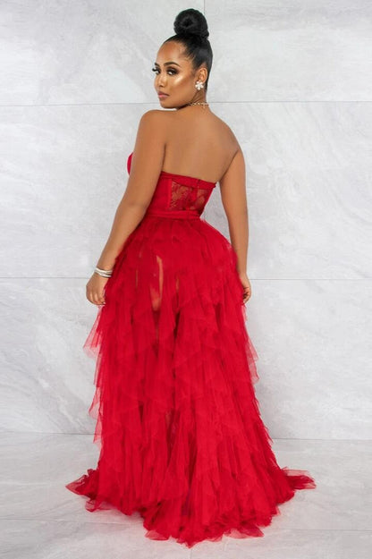 Lace Corset Sweetheart Strapless Tiered Tulle High Slit Maxi Skirt Set