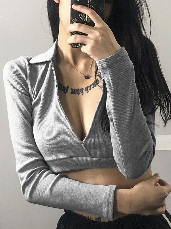 Solid Color Plunge Neck Crop Long Sleeve Knit