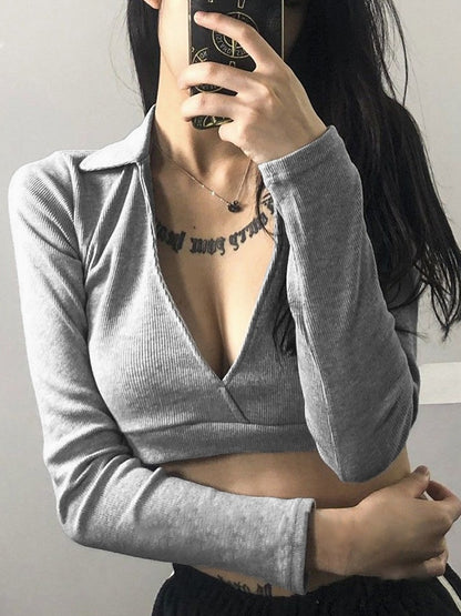 Solid Color Plunge Neck Crop Long Sleeve Knit