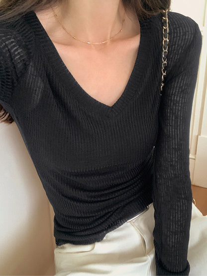 Ribbed V Neck Slim Long Sleeve Knit