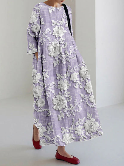 Oversized Floral Embroidery Round Neck Three Quarter Sleeve Pocket Maxi Dress