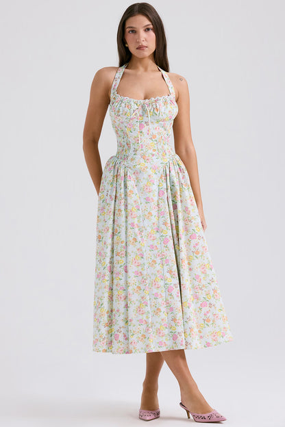 pale blue meadow print cotton halter sundress