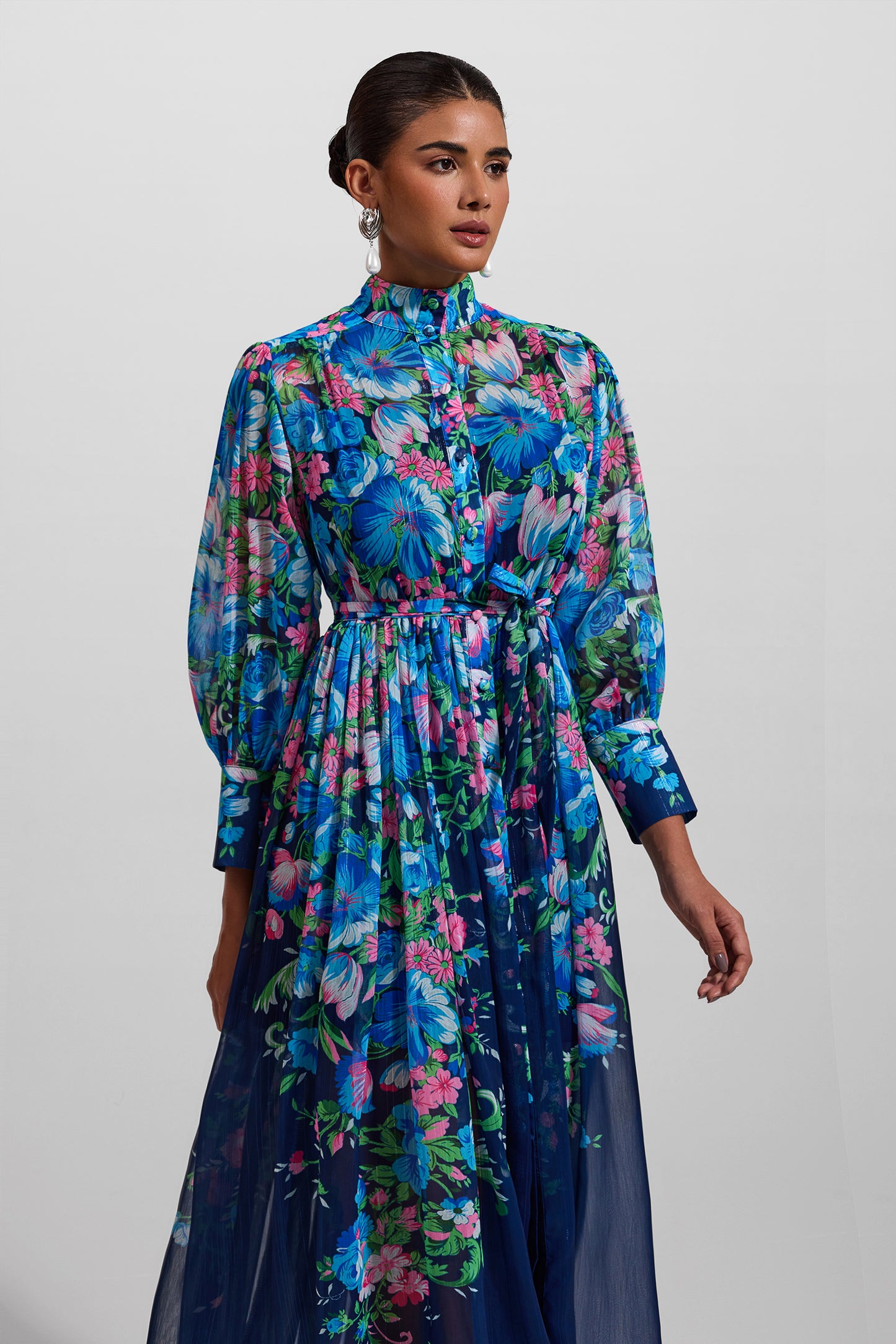 Floral Stand Collar Long Sleeve Midi Dress