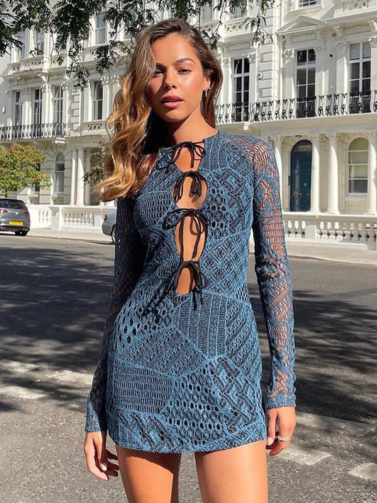 Mini Dresses Blue Long Sleeves Short Dress