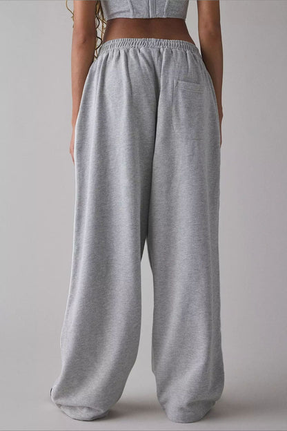 Embroidered Elastic Waist Loose Straight Pants