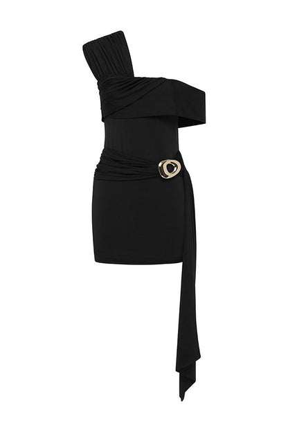 Kassi Mesh Asymmetrical Neckline Metal Buckle Drape Hem Stretch Mini Dress