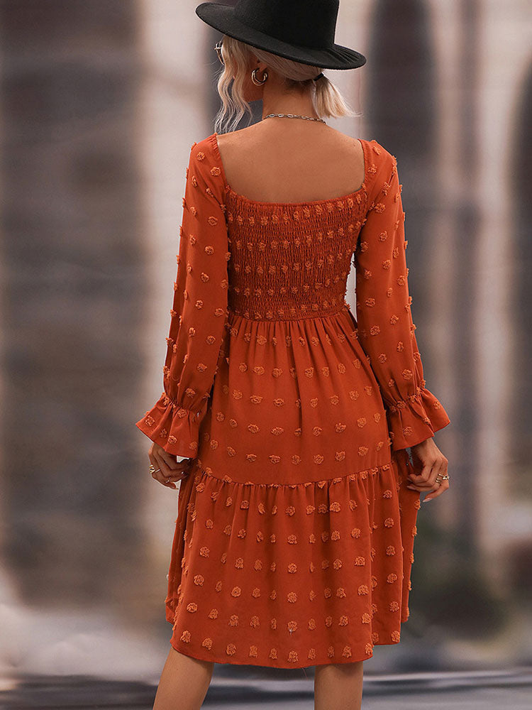 Chiffon Casual Square Neck Long Sleeves Midi Dress