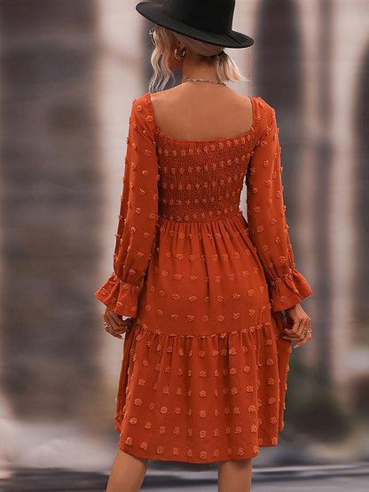 Chiffon Casual Square Neck Long Sleeves Midi Dress