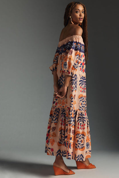 Botanical Print Off-Shoulder Midi Dress