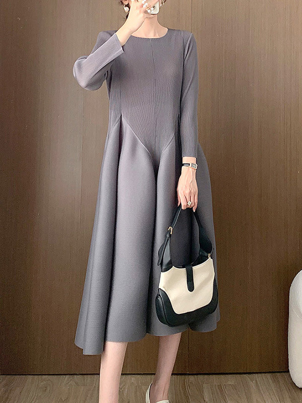 A-Line Loose Pleated Solid Color Split-Joint Round-Neck Midi Dresses