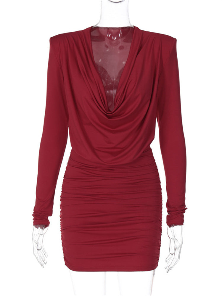 Tossy Fashion Pleated V-Neck Mini Dress Female Long Sleeve Slim High Waist Patchwork Vintage Clothes Women’s Party Dress 2024