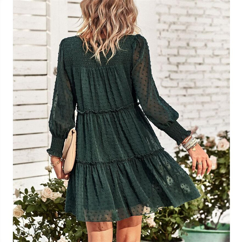 Swiss Dot Round Neck Mini Dress in Black, Blue, Green, Pink