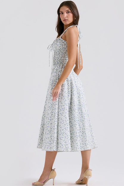 Halter Sweetheart Neck Lace Trim Ditsy Floral Corset Bodice Midi Dress