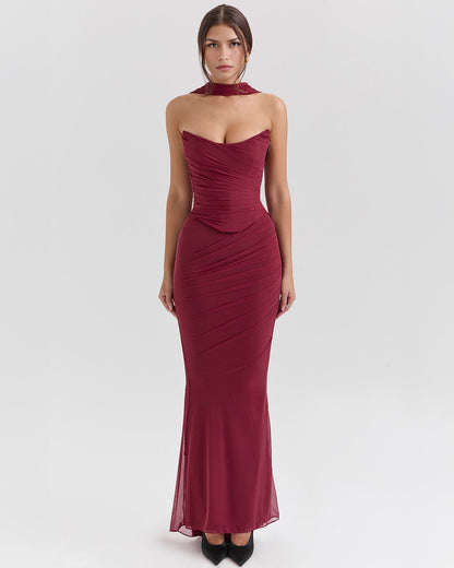 Strapless Corset Ruched Mesh Overlay Mermaid Maxi Dress with Neck Scarf