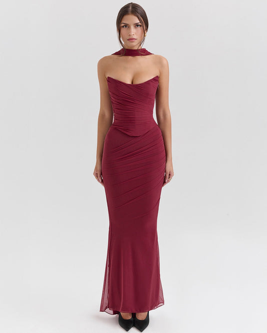 Strapless Corset Ruched Mesh Overlay Mermaid Maxi Dress with Neck Scarf